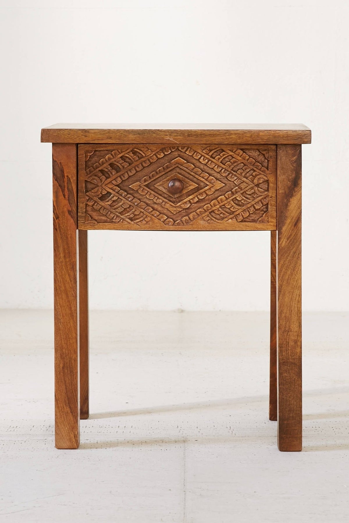 Brontes Hand-Carved Mango Wood Bedside Table – Solid Wood Nightstand with Geometric Carved Drawer, Rustic Accent & Storage - DOBRI ARTS AU