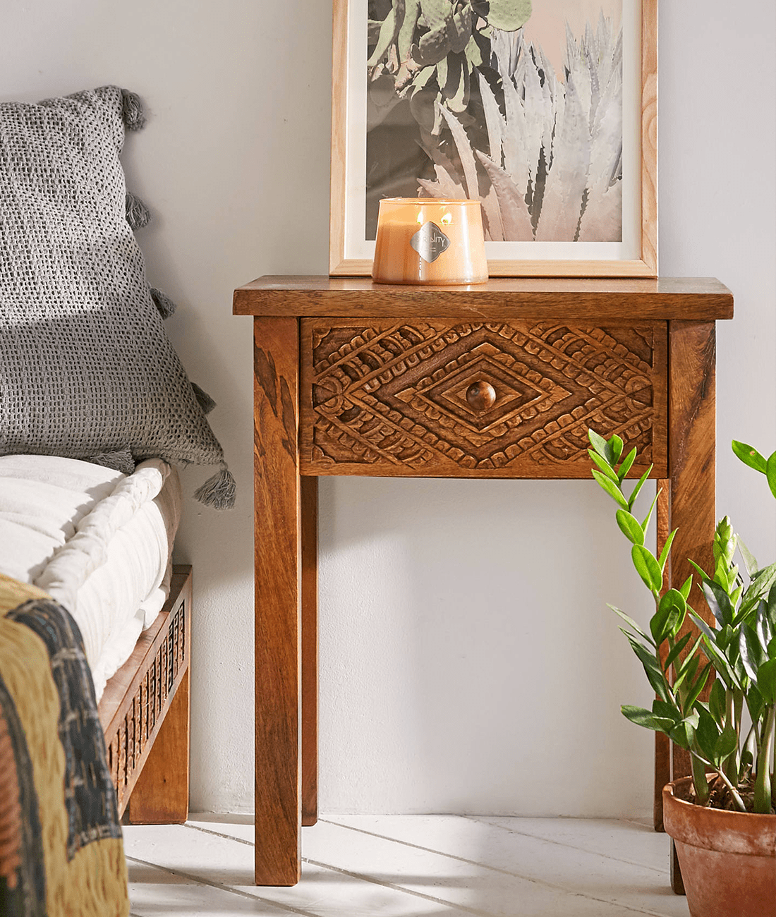 Brontes Hand-Carved Mango Wood Bedside Table – Solid Wood Nightstand with Geometric Carved Drawer, Rustic Accent & Storage - DOBRI ARTS AU