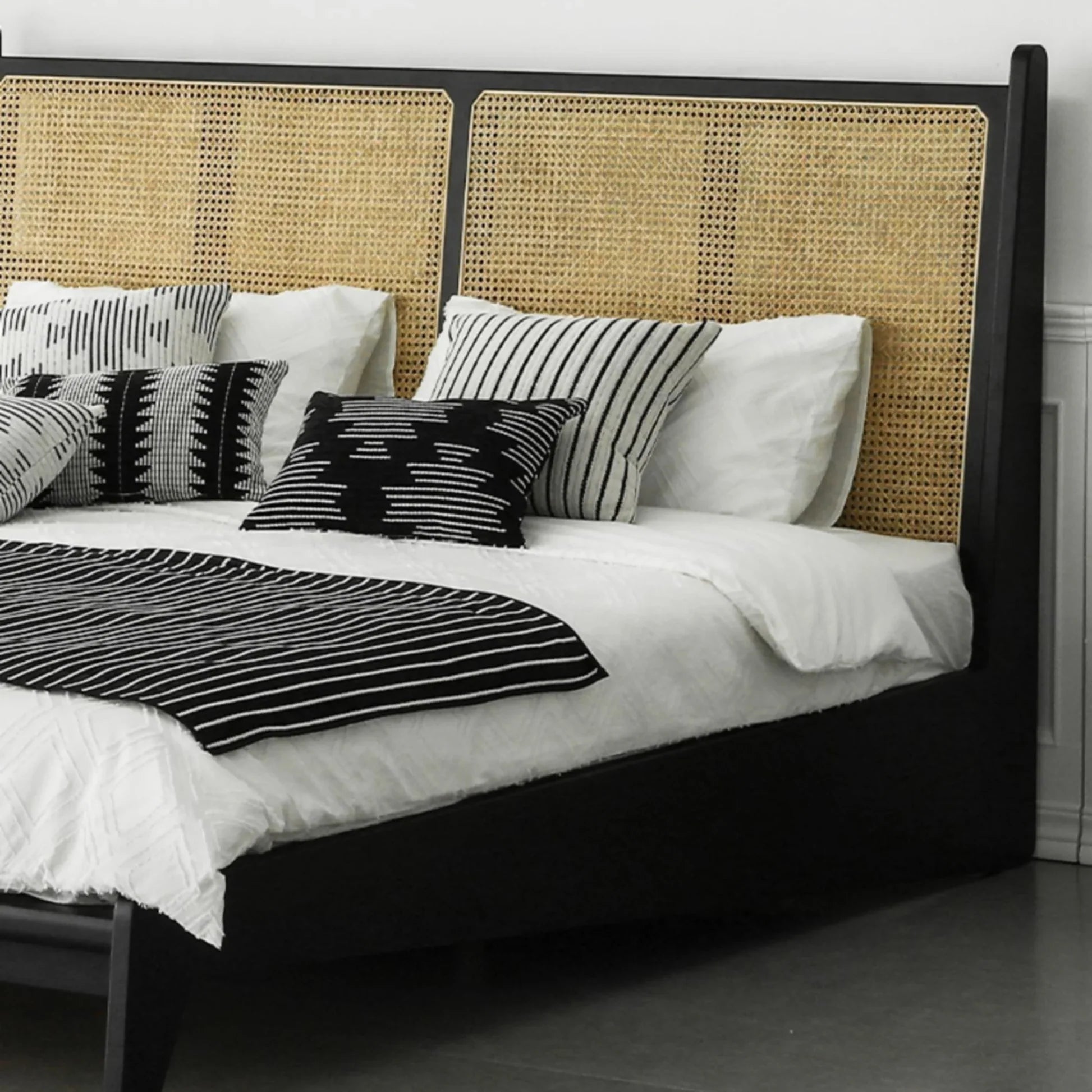 Calista Black Rattan Mango Wood Bed – Solid Wood Frame with Woven Cane Headboard - DOBRI ARTS AU