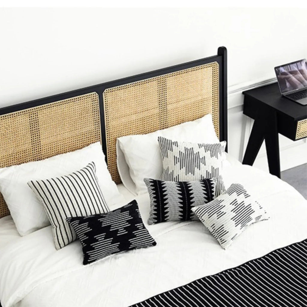 Calista Black Rattan Mango Wood Bed – Solid Wood Frame with Woven Cane Headboard - DOBRI ARTS AU