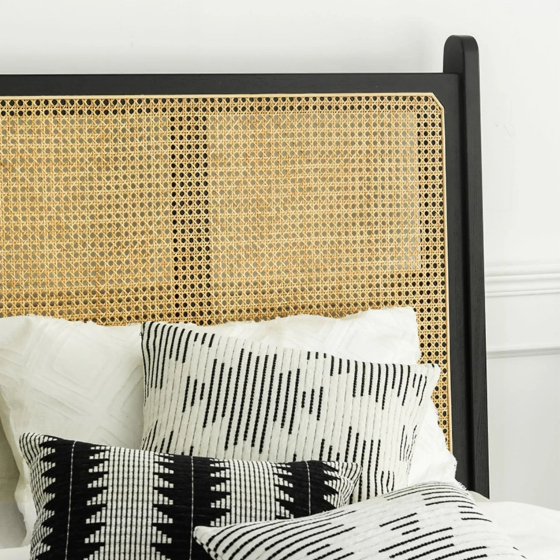 Calista Black Rattan Mango Wood Bed – Solid Wood Frame with Woven Cane Headboard - DOBRI ARTS AU