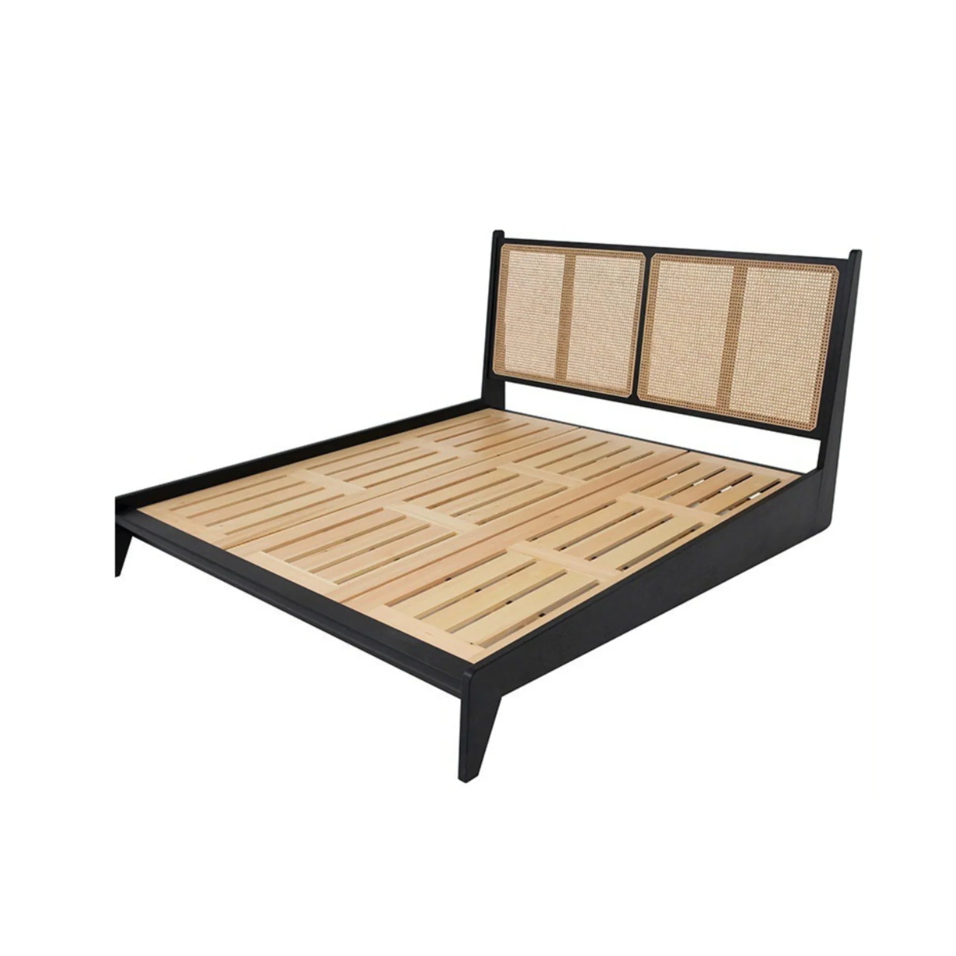 Calista Black Rattan Mango Wood Bed – Solid Wood Frame with Woven Cane Headboard - DOBRI ARTS AU