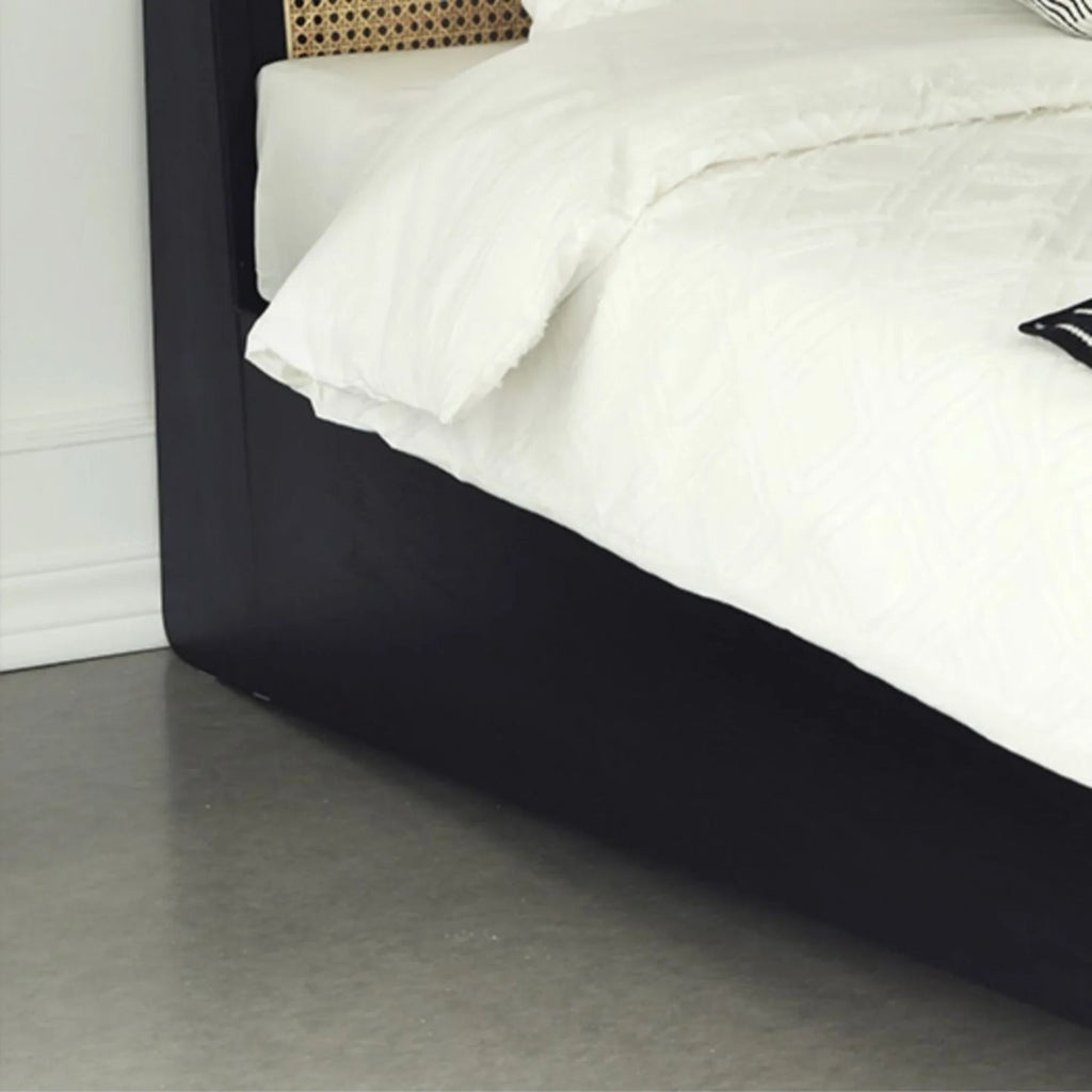 Calista Black Rattan Mango Wood Bed – Solid Wood Frame with Woven Cane Headboard - DOBRI ARTS AU
