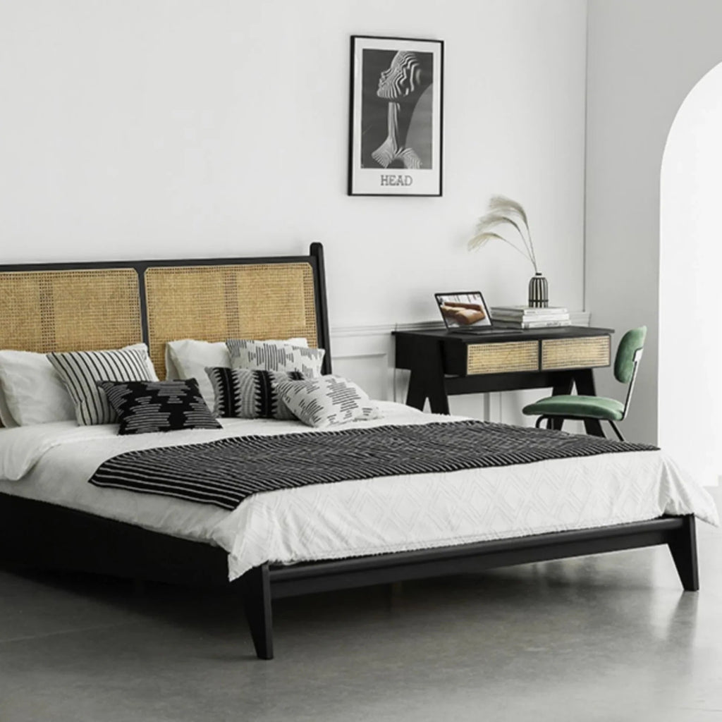 Calista Black Rattan Mango Wood Bed – Solid Wood Frame with Woven Cane Headboard - DOBRI ARTS AU