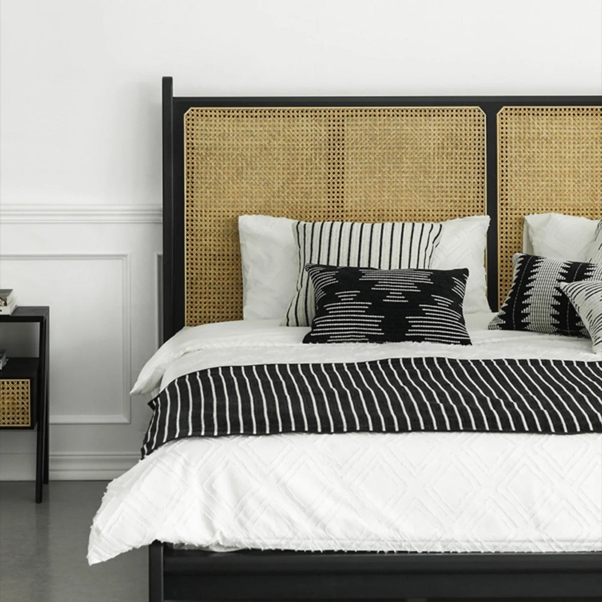 Calista Black Rattan Mango Wood Bed – Solid Wood Frame with Woven Cane Headboard - DOBRI ARTS AU