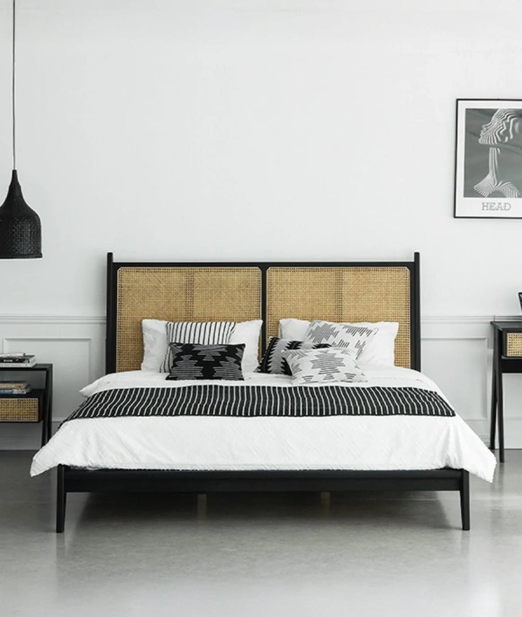 Calista Black Rattan Mango Wood Bed – Solid Wood Frame with Woven Cane Headboard - DOBRI ARTS AU
