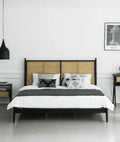 Calista Black Rattan Mango Wood Bed – Solid Wood Frame with Woven Cane Headboard - DOBRI ARTS AU