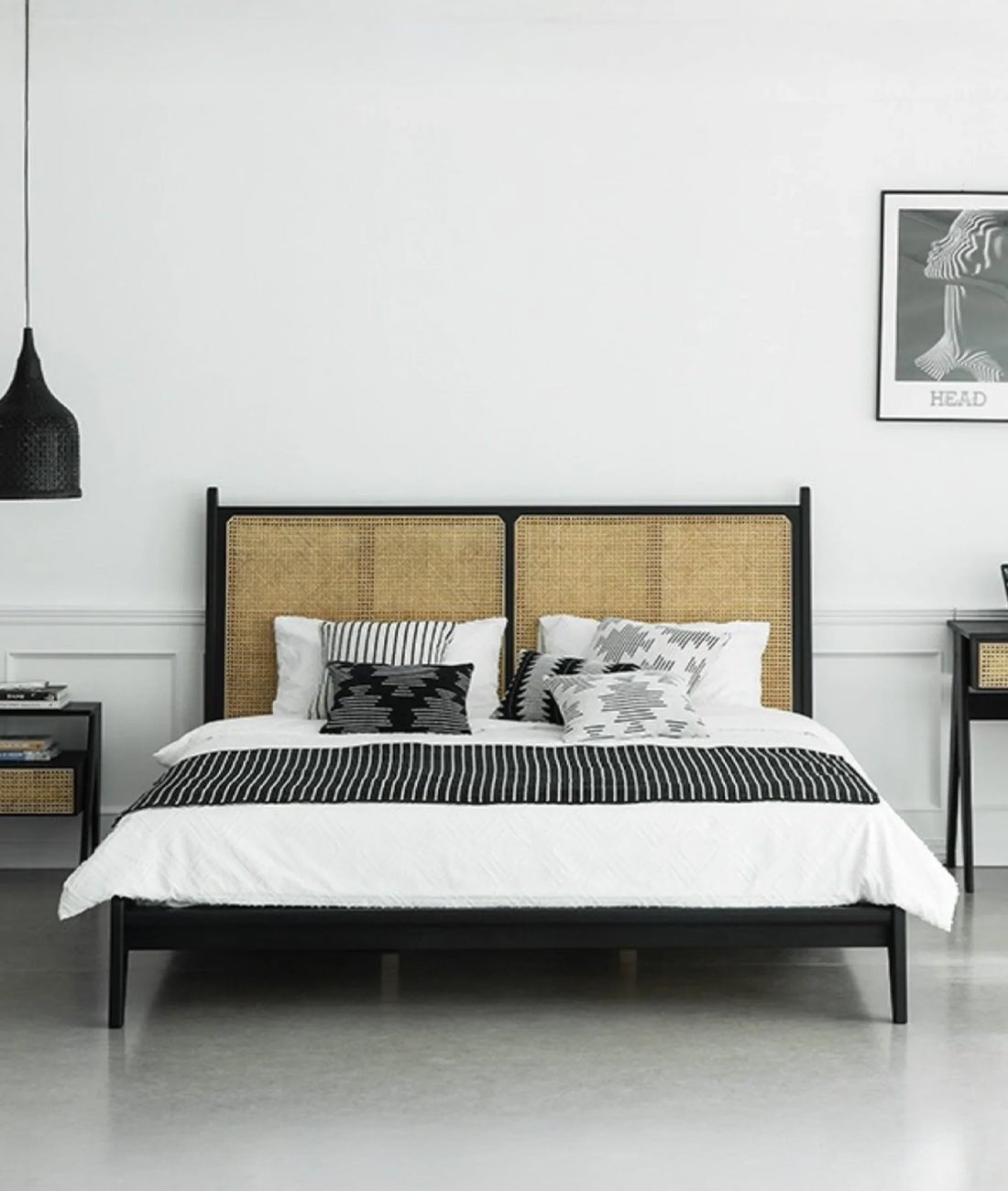 Calista Black Rattan Mango Wood Bed – Solid Wood Frame with Woven Cane Headboard - DOBRI ARTS AU