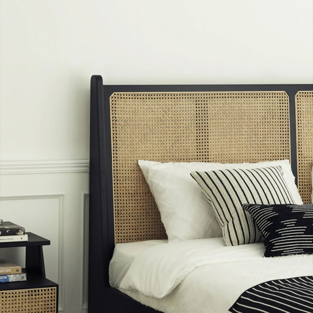 Calista Black Rattan Mango Wood Bed – Solid Wood Frame with Woven Cane Headboard - DOBRI ARTS AU