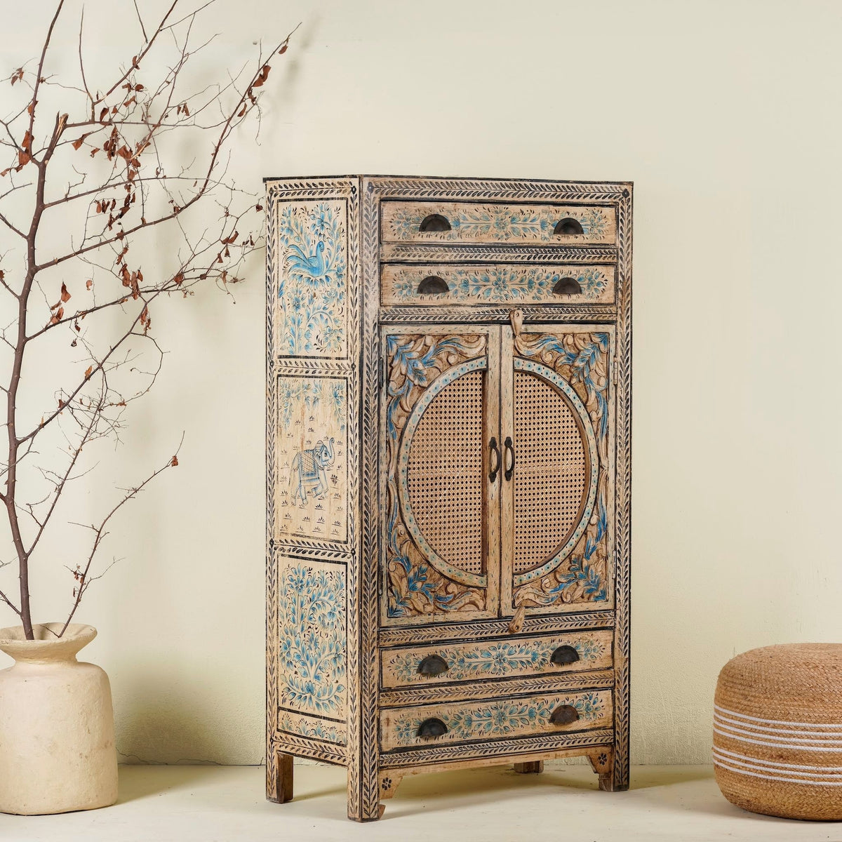Cane Door Storage Cabinet with Blue Floral Detailing - DOBRI ARTS AU