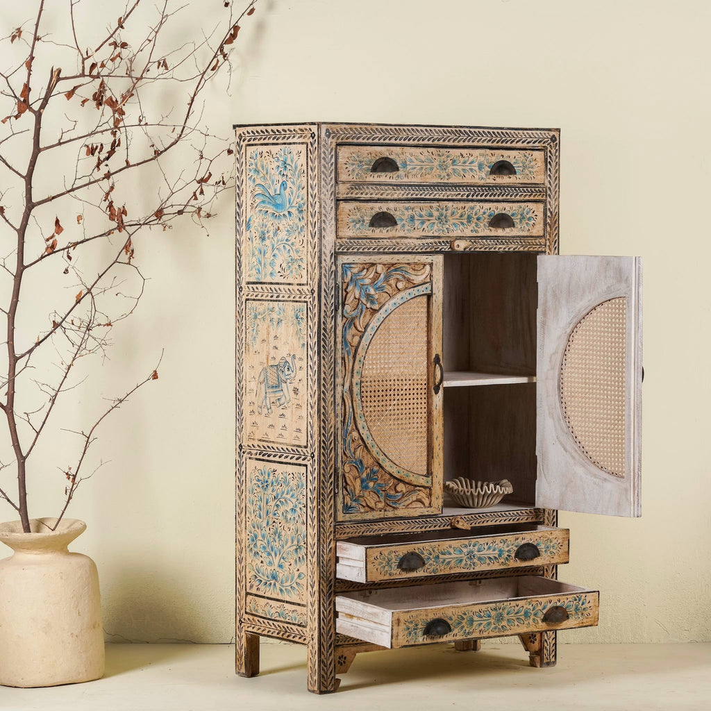 Cane Door Storage Cabinet with Blue Floral Detailing - DOBRI ARTS AU