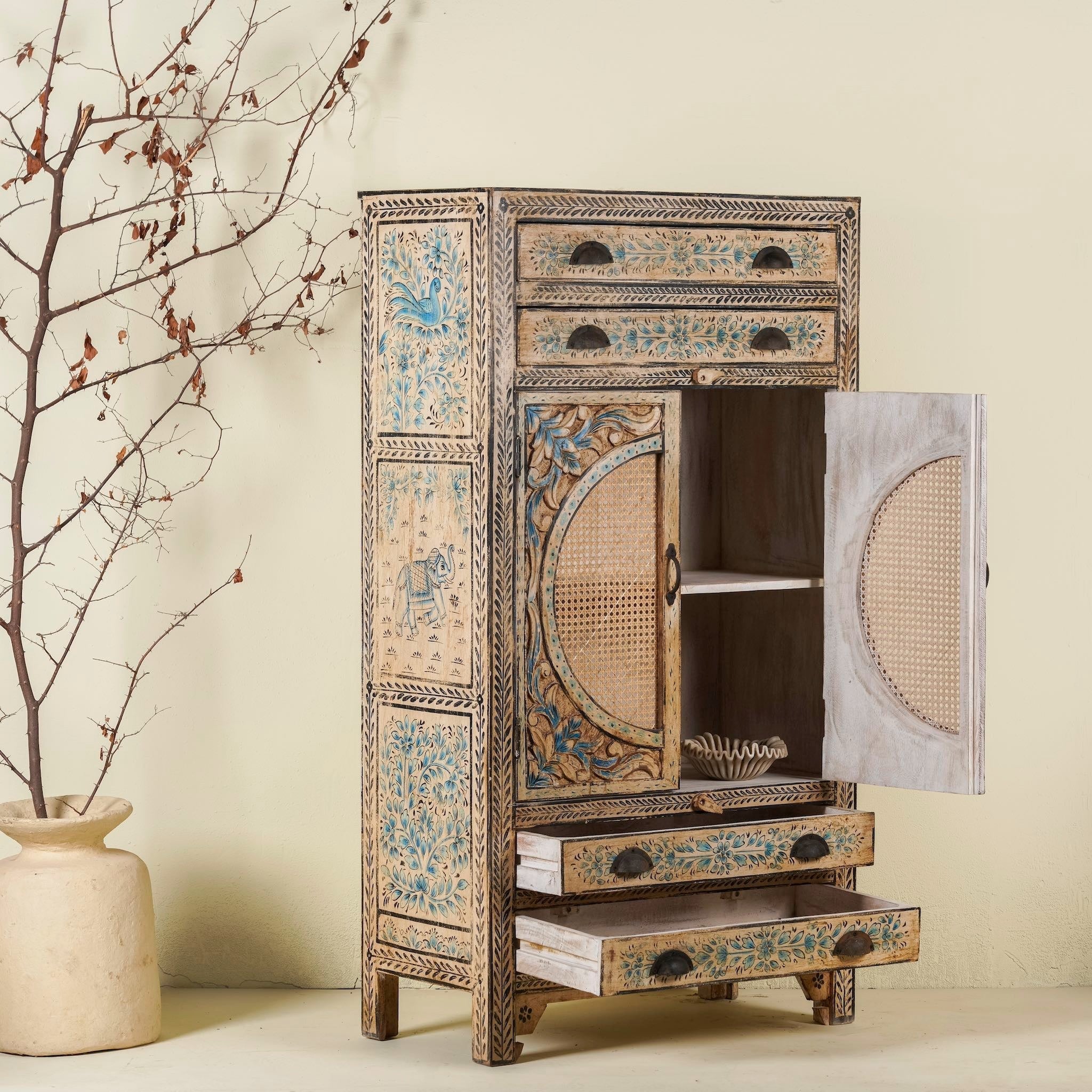 Cane Door Storage Cabinet with Blue Floral Detailing - DOBRI ARTS AU