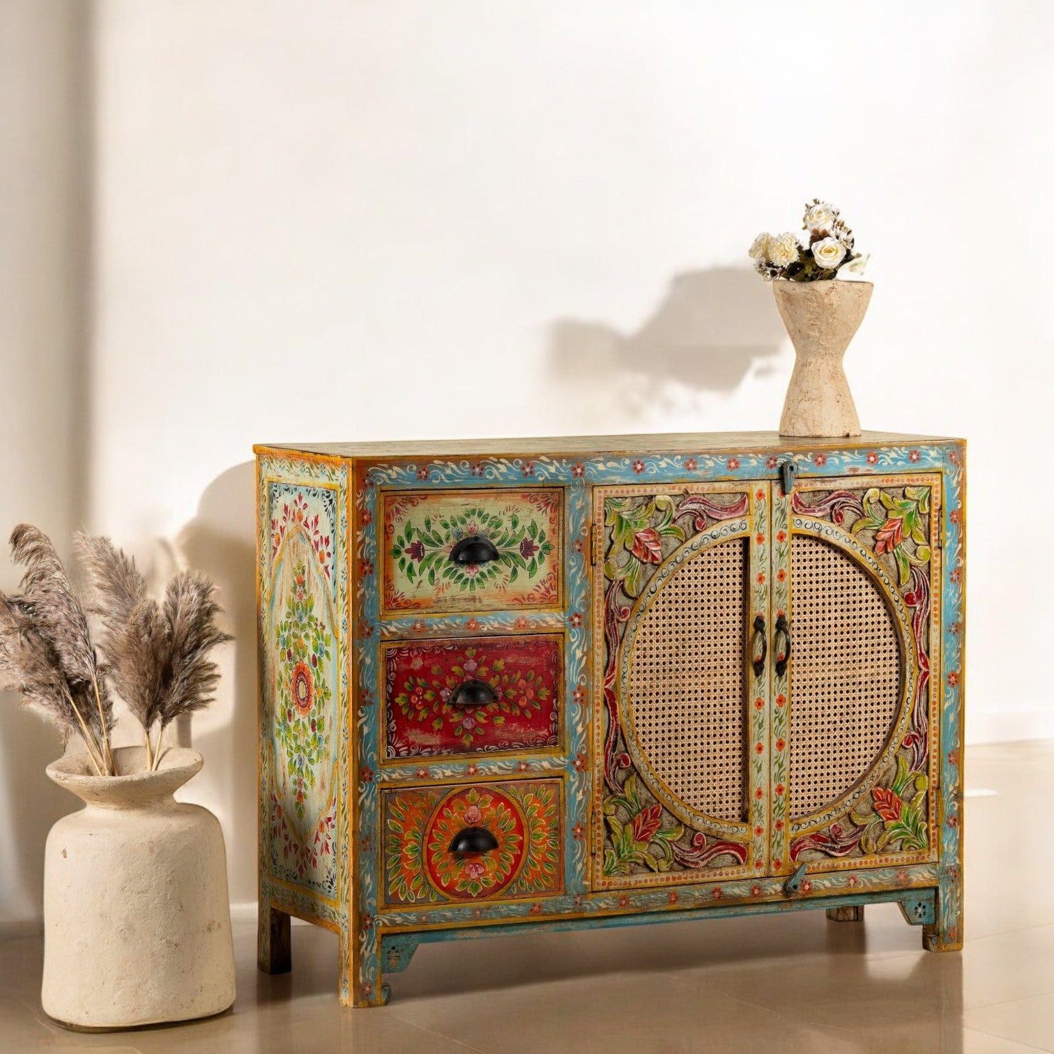 Cane Door Wooden Sideboard with Floral Drawers - DOBRI ARTS AU