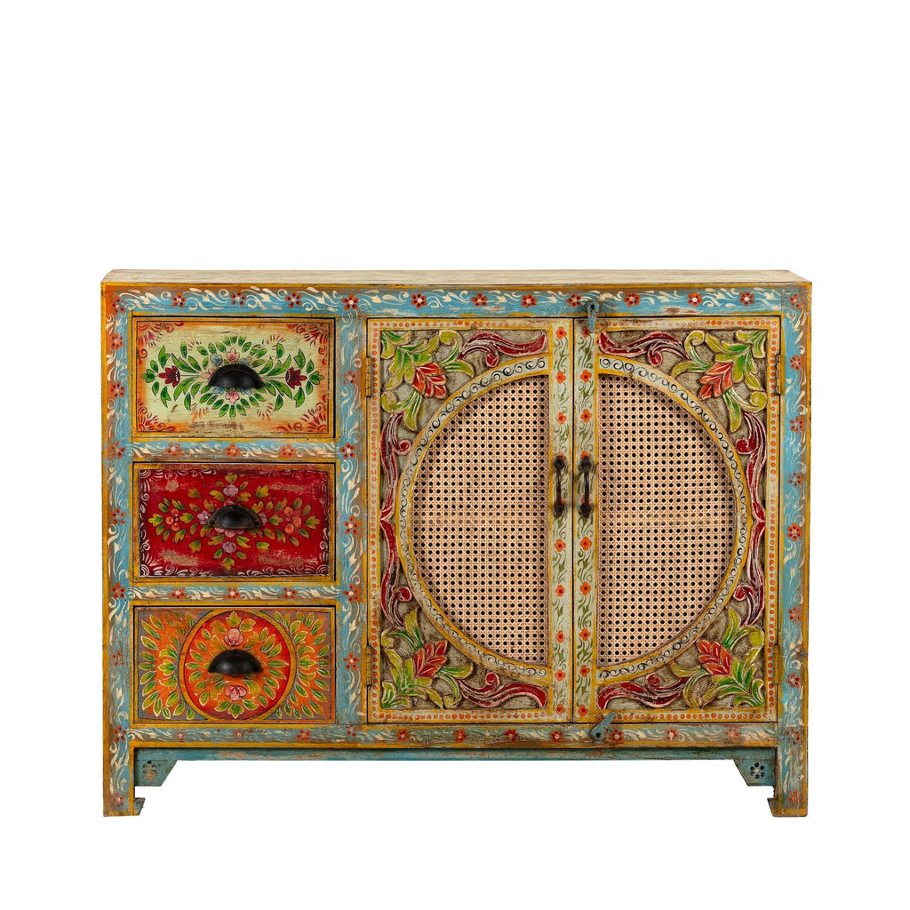 Cane Door Wooden Sideboard with Floral Drawers - DOBRI ARTS AU
