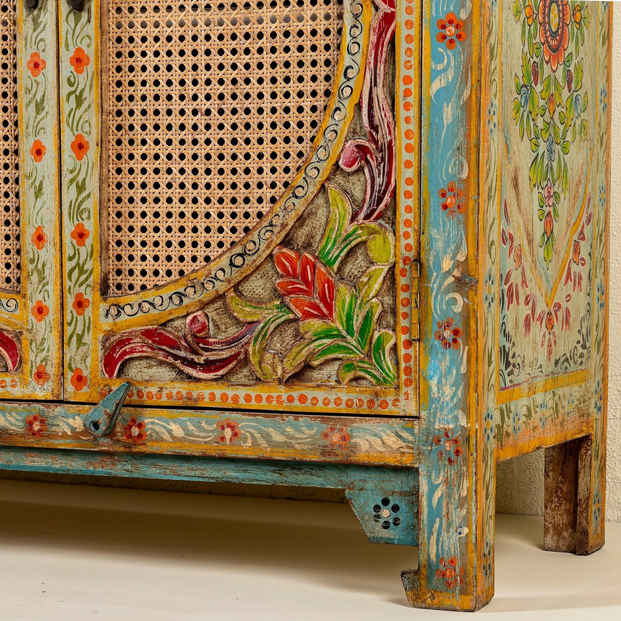 Cane Door Wooden Sideboard with Floral Drawers - DOBRI ARTS AU