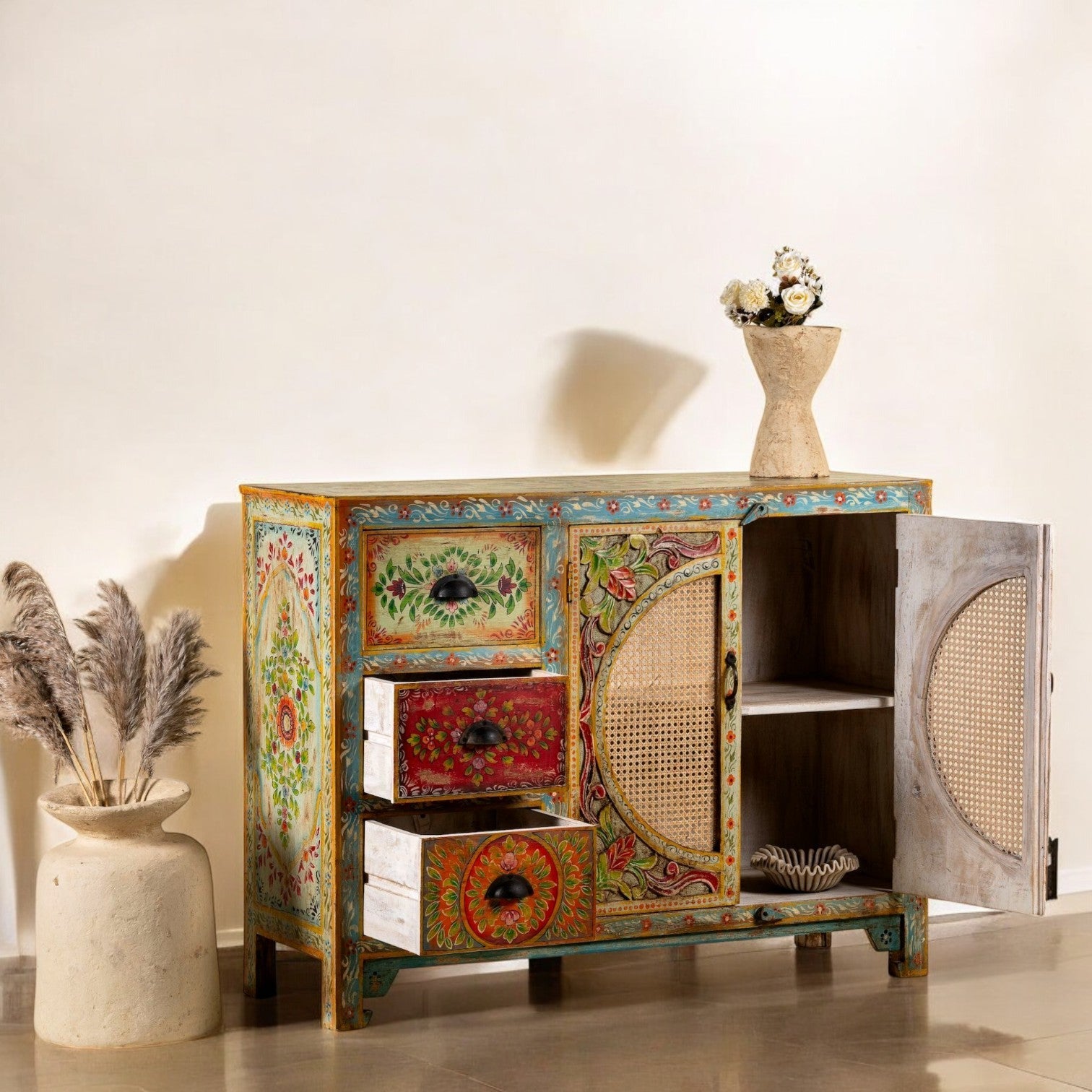 Cane Door Wooden Sideboard with Floral Drawers - DOBRI ARTS AU