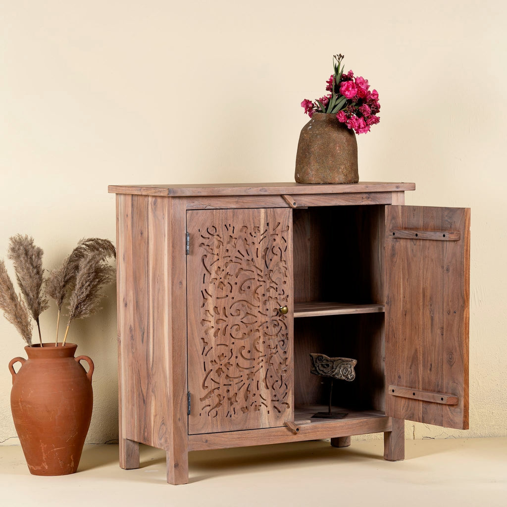 Carved Acacia Wood Cupboard Elegant Floral Design 90cm - DOBRI ARTS AU