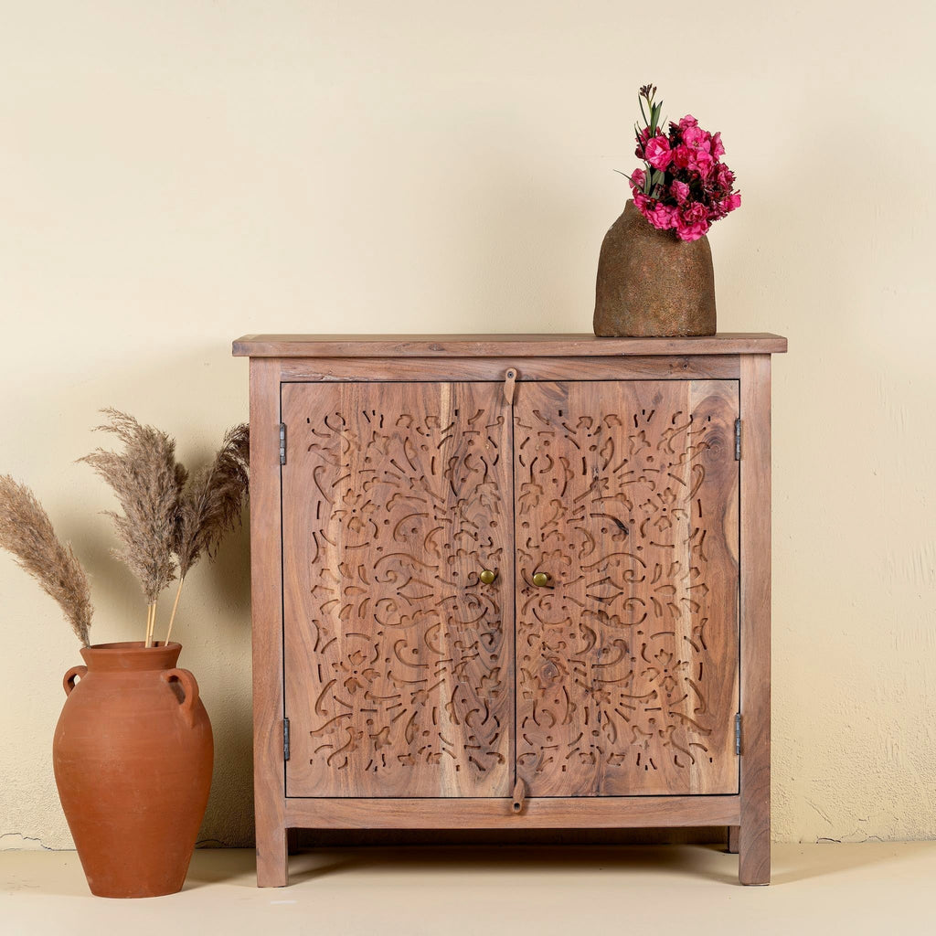 Carved Acacia Wood Cupboard Elegant Floral Design 90cm - DOBRI ARTS AU