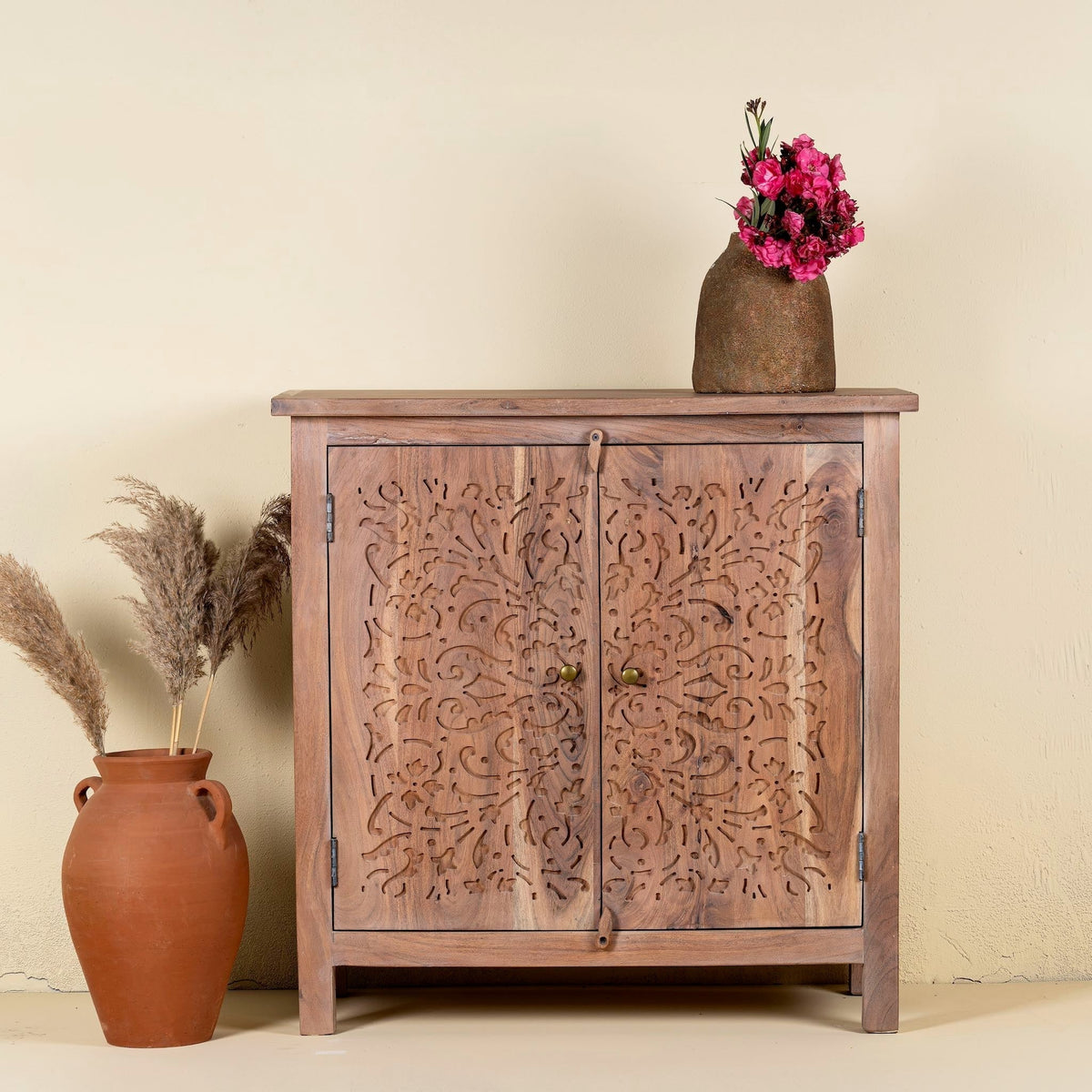 Carved Acacia Wood Cupboard Elegant Floral Design 90cm - DOBRI ARTS AU