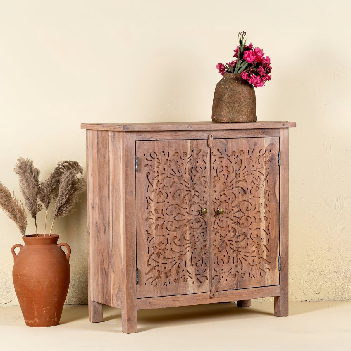 Carved Acacia Wood Cupboard Elegant Floral Design 90cm - DOBRI ARTS AU