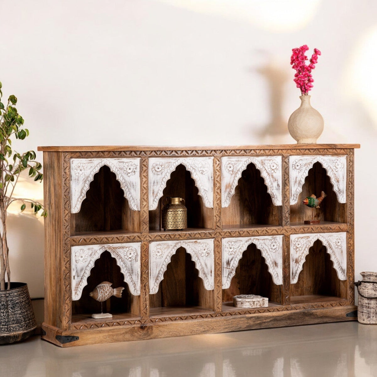 Carved Arch Grid Display Sideboard with Whitewashed Accents - DOBRI ARTS AU