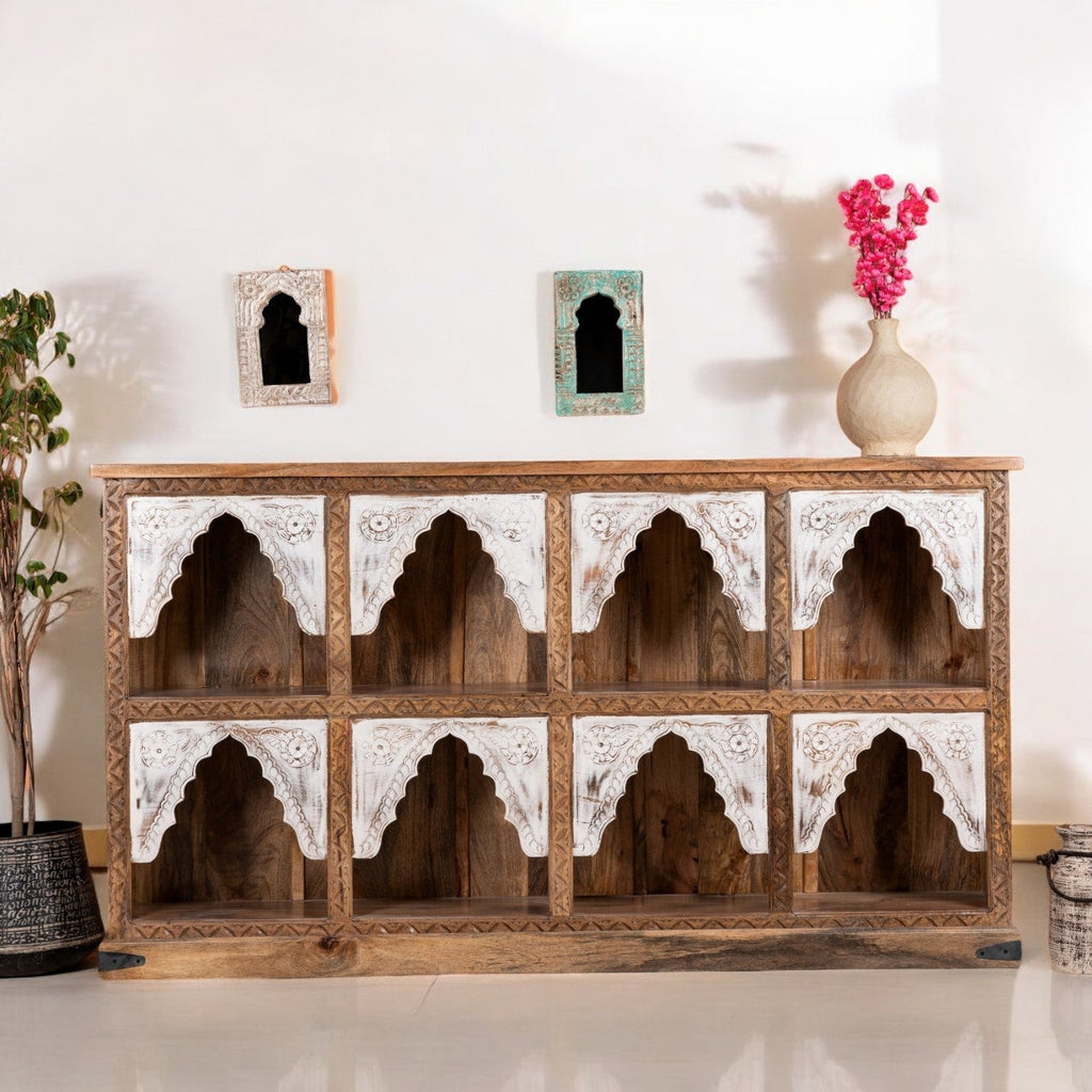 Carved Arch Grid Display Sideboard with Whitewashed Accents - DOBRI ARTS AU