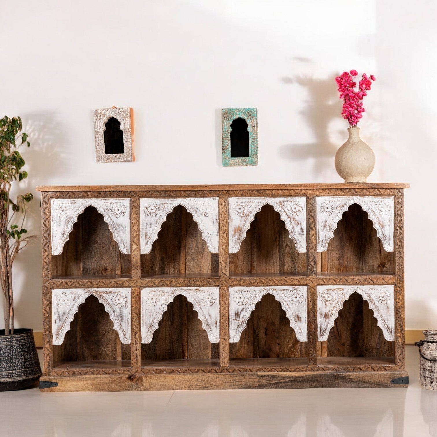Carved Arch Grid Display Sideboard with Whitewashed Accents - DOBRI ARTS AU