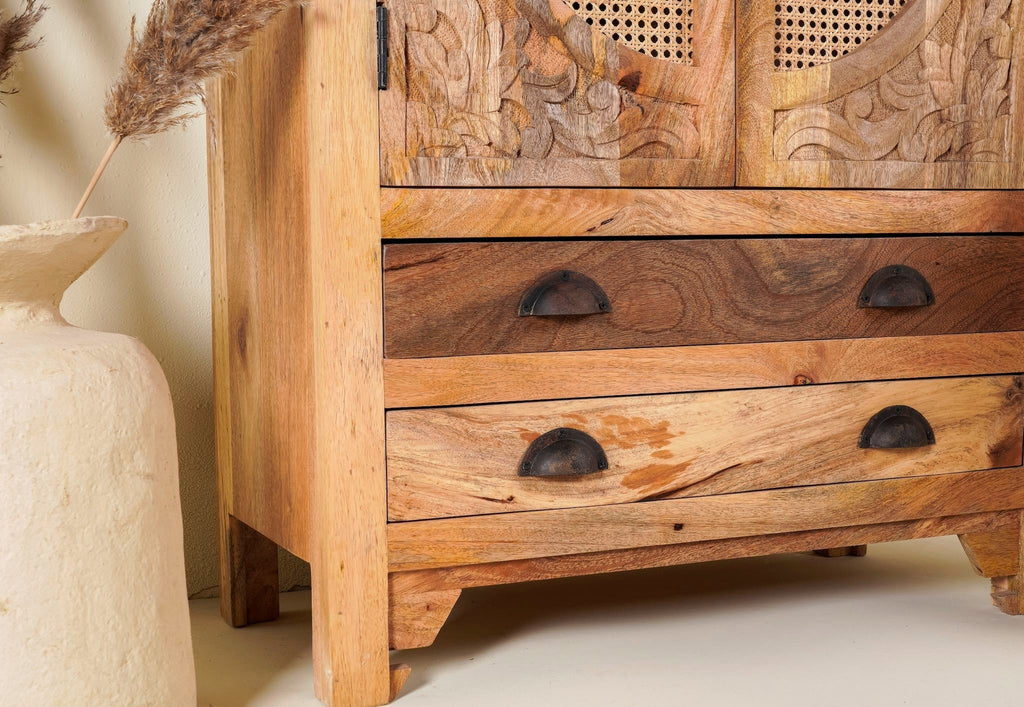 Carved Cane Panel Wooden Storage Cabinet with Multi-Drawer Design - DOBRI ARTS AU
