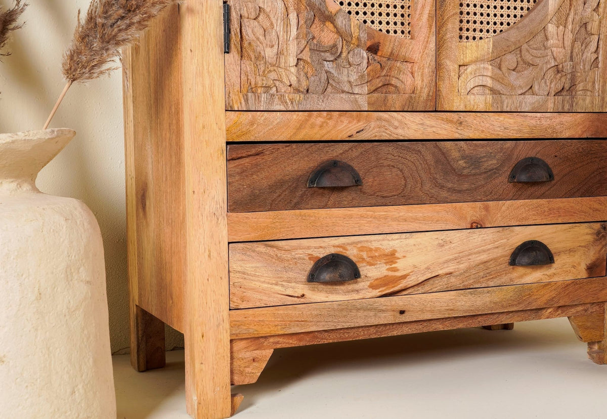 Carved Cane Panel Wooden Storage Cabinet with Multi-Drawer Design - DOBRI ARTS AU