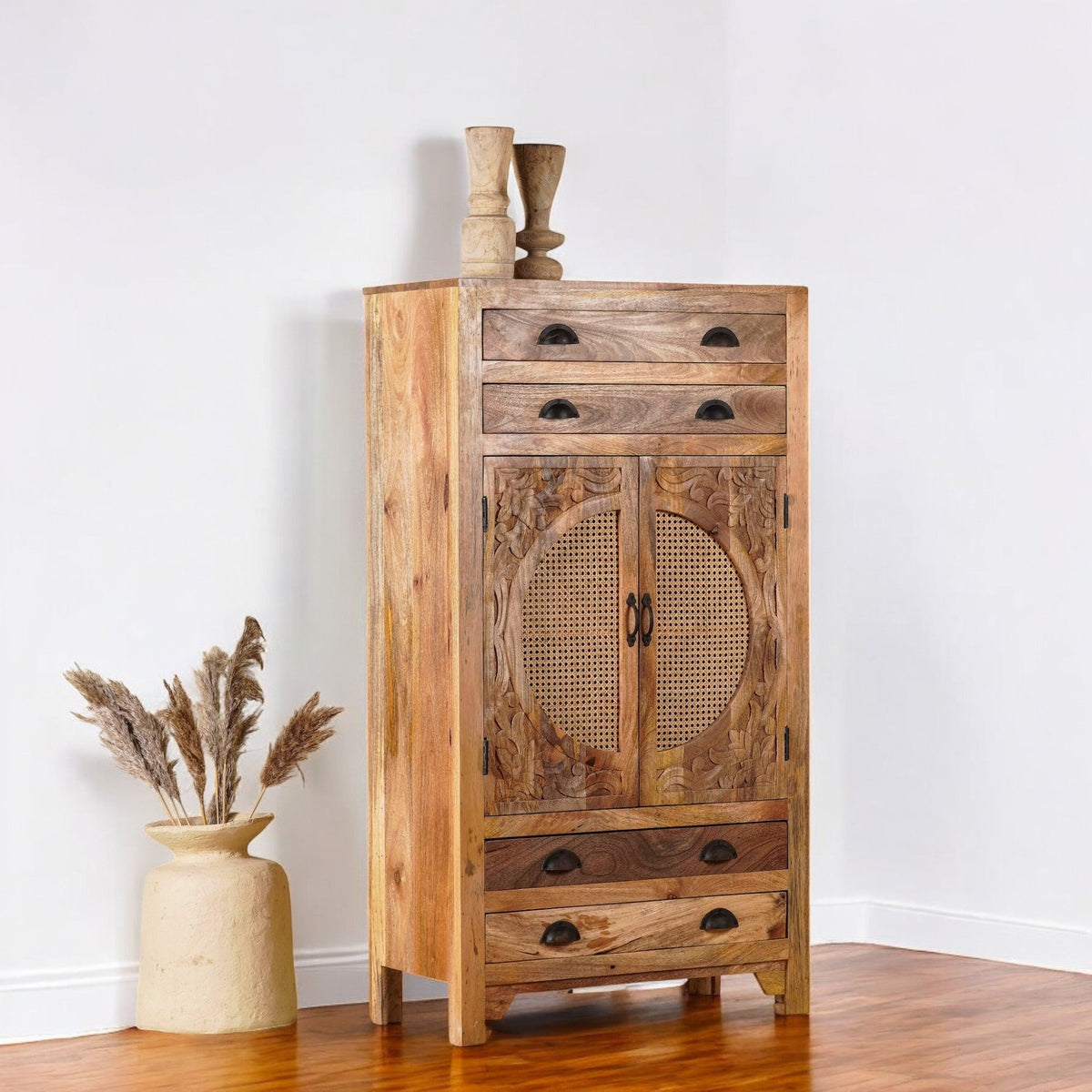 Carved Cane Panel Wooden Storage Cabinet with Multi-Drawer Design - DOBRI ARTS AU