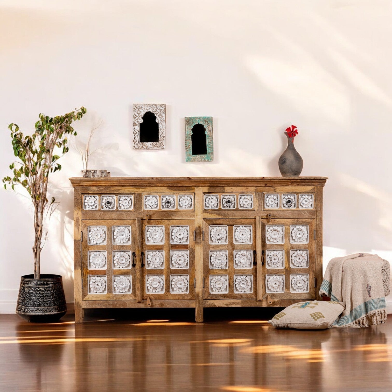 Carved Floral Panel Wooden Sideboard with White Inlay Accents - DOBRI ARTS AU