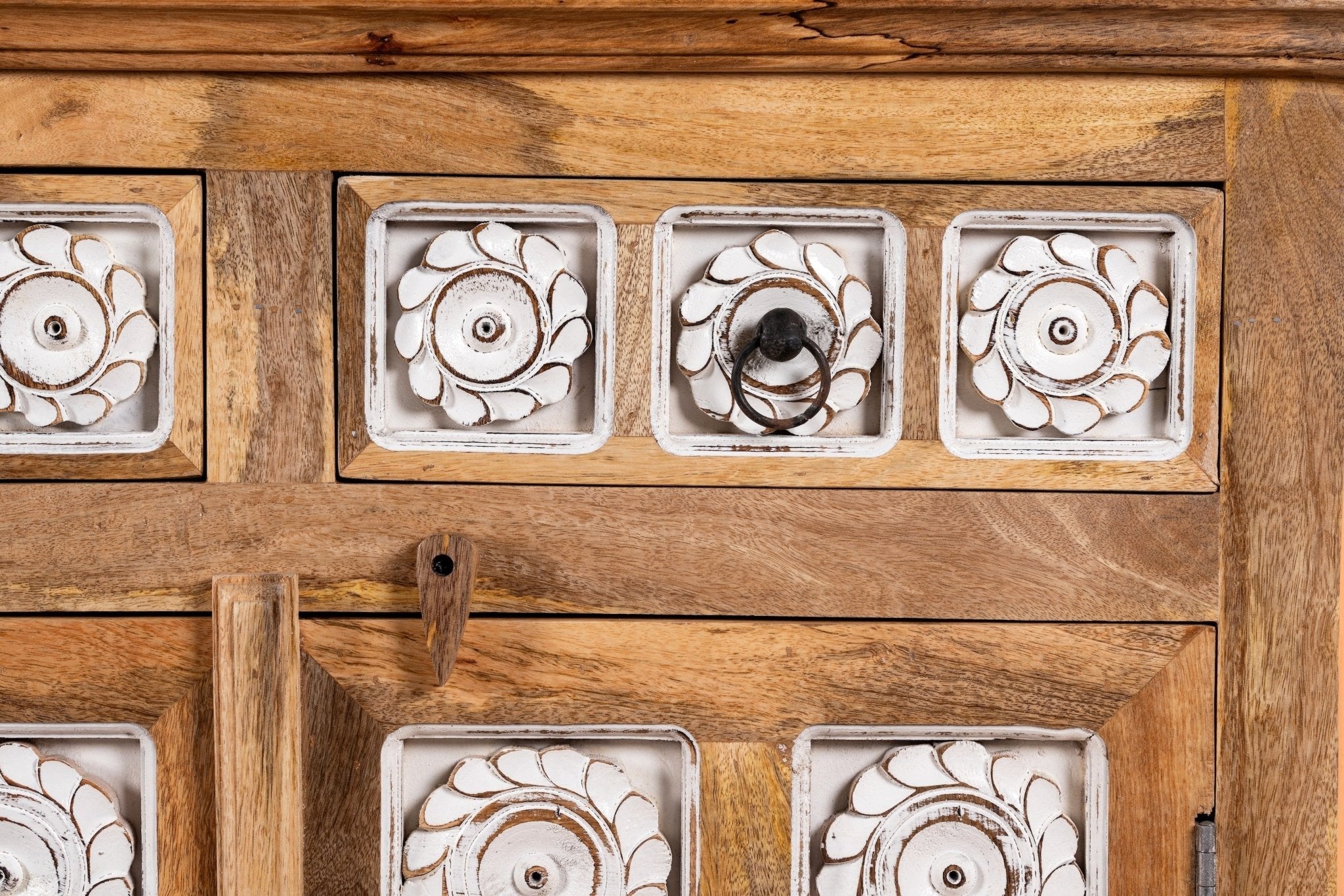 Carved Floral Panel Wooden Sideboard with White Inlay Accents - DOBRI ARTS AU