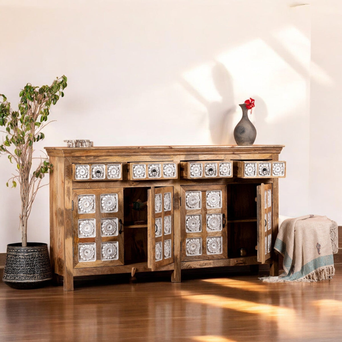 Carved Floral Panel Wooden Sideboard with White Inlay Accents - DOBRI ARTS AU