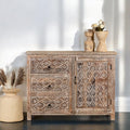 Carved Floral Solid Wood Sideboard with Distressed White Finish - DOBRI ARTS AU