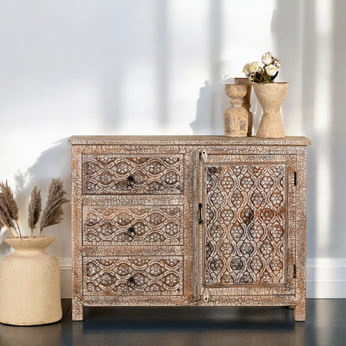 Carved Floral Solid Wood Sideboard with Distressed White Finish - DOBRI ARTS AU