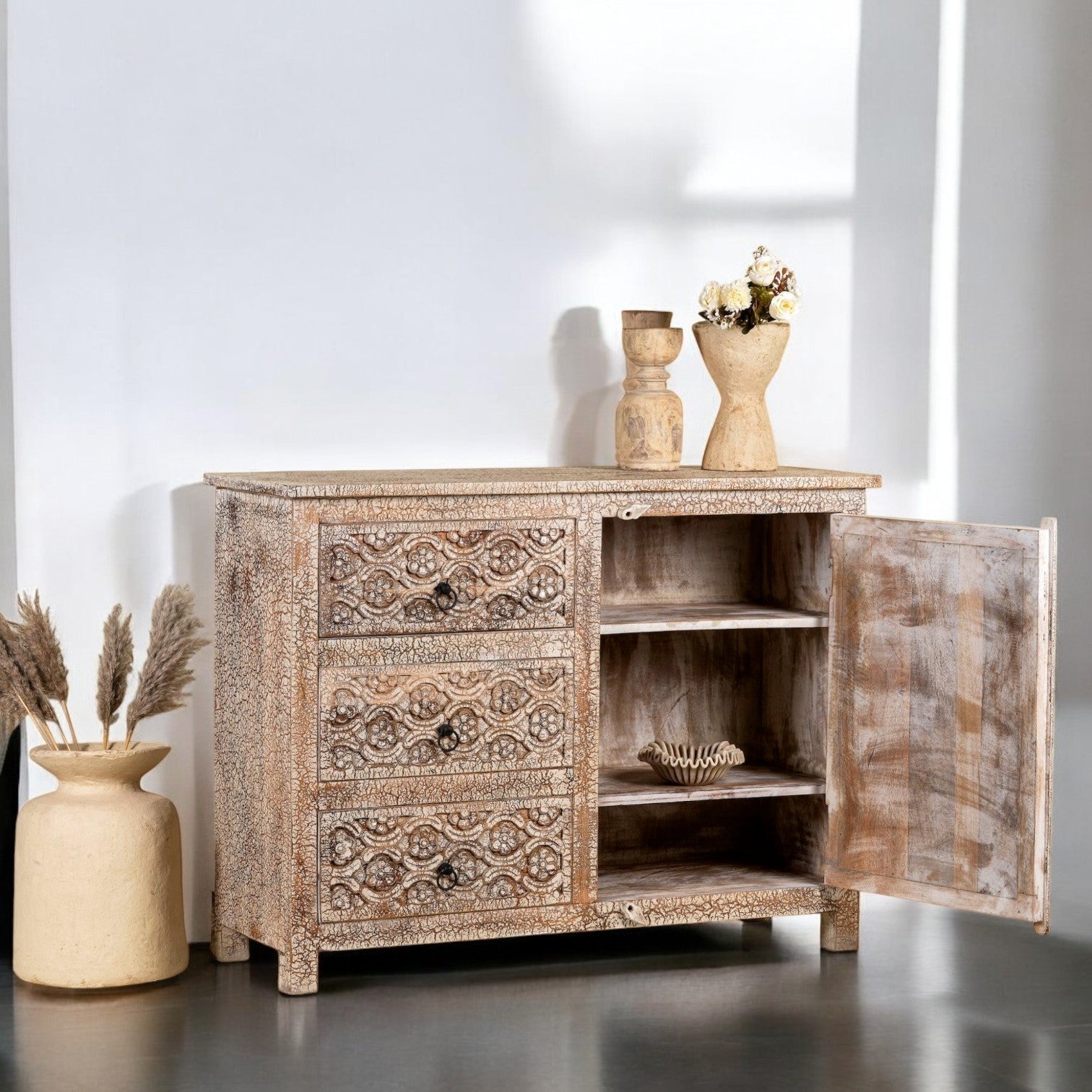 Carved Floral Solid Wood Sideboard with Distressed White Finish - DOBRI ARTS AU