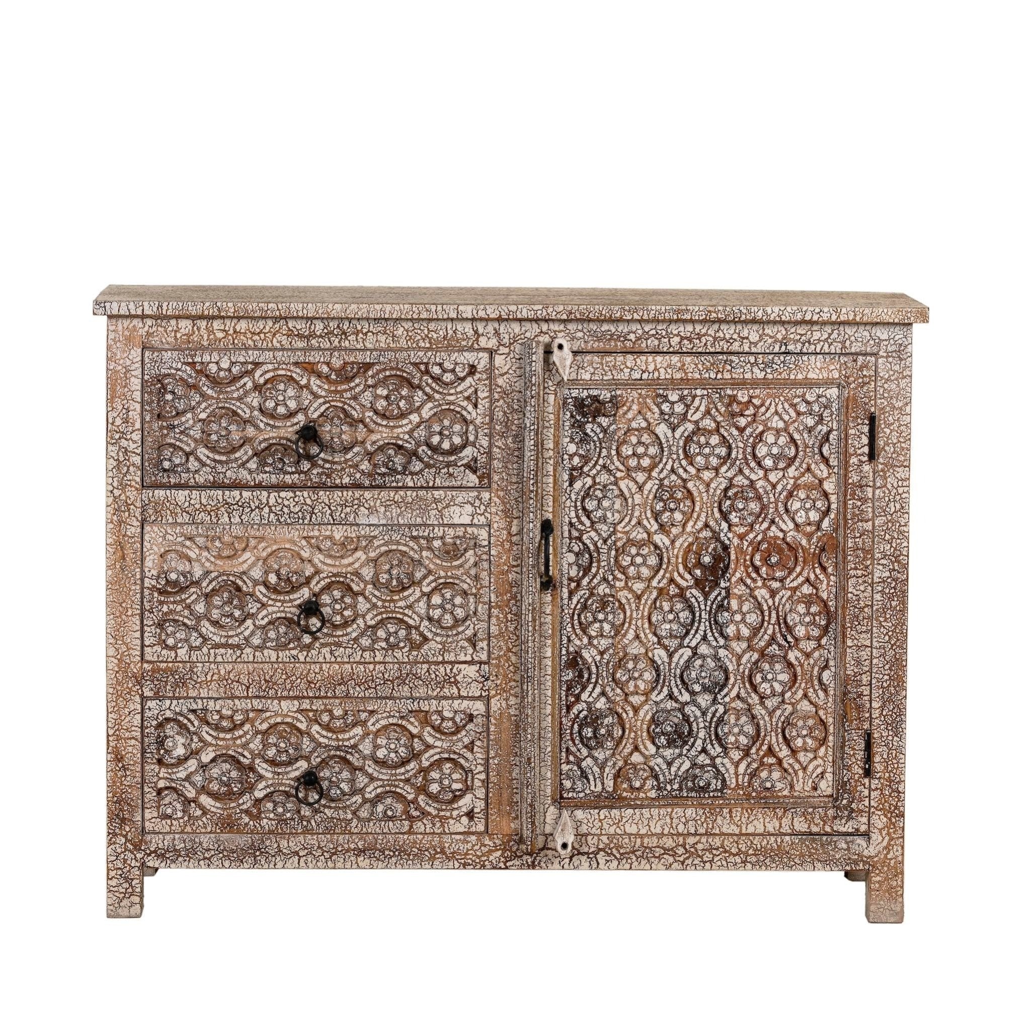 Carved Floral Solid Wood Sideboard with Distressed White Finish - DOBRI ARTS AU