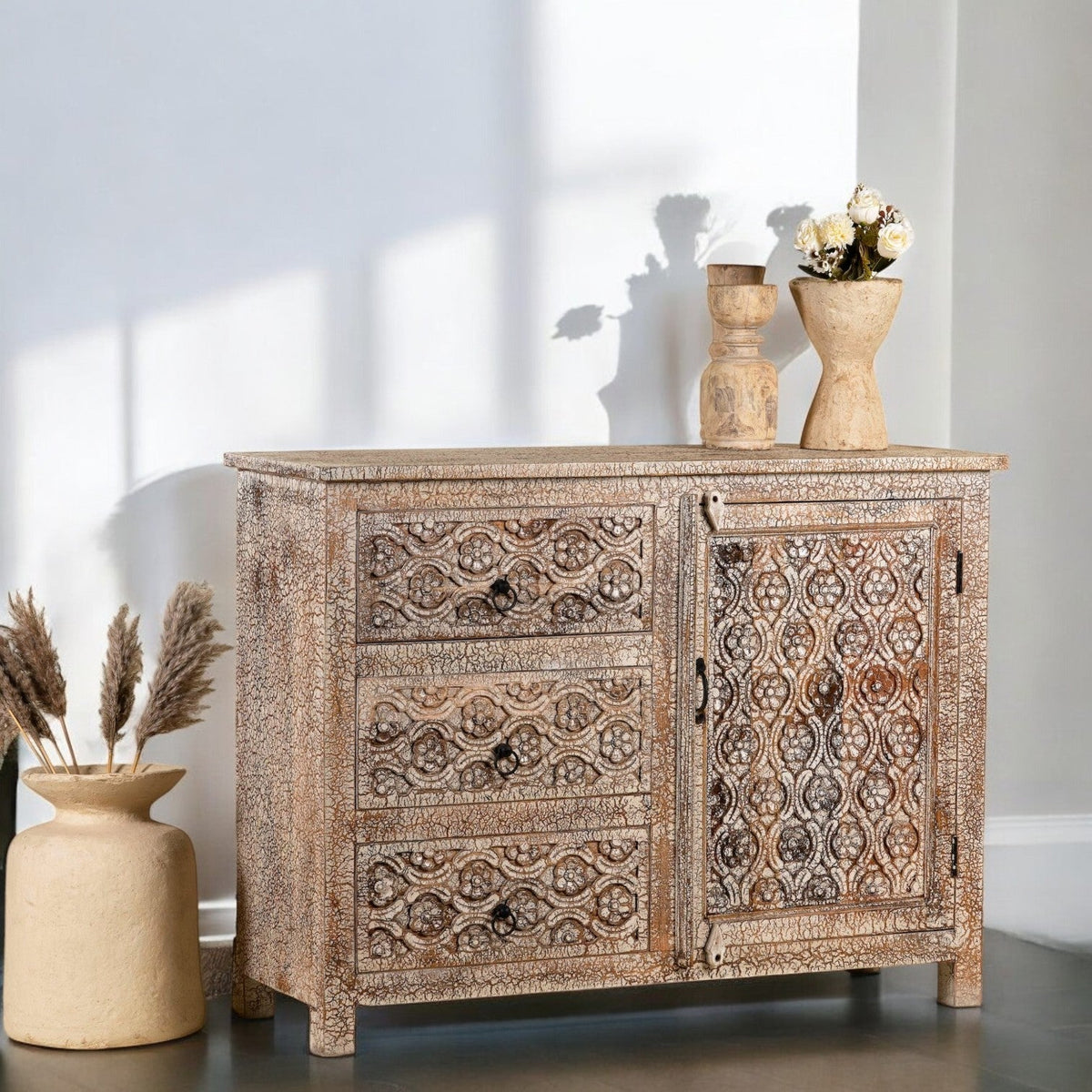 Carved Floral Solid Wood Sideboard with Distressed White Finish - DOBRI ARTS AU