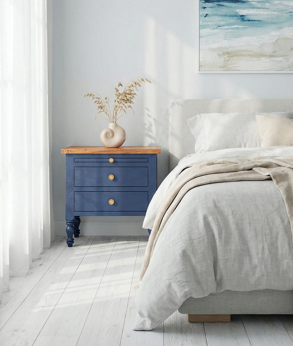 Celeste Blue Mango Wood Bedside Table – 3 Drawer Nightstand with Turned Legs, Natural Wood Top & Classic Accent Design - DOBRI ARTS AU