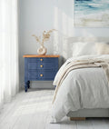 Celeste Blue Mango Wood Bedside Table – 3 Drawer Nightstand with Turned Legs, Natural Wood Top & Classic Accent Design - DOBRI ARTS AU