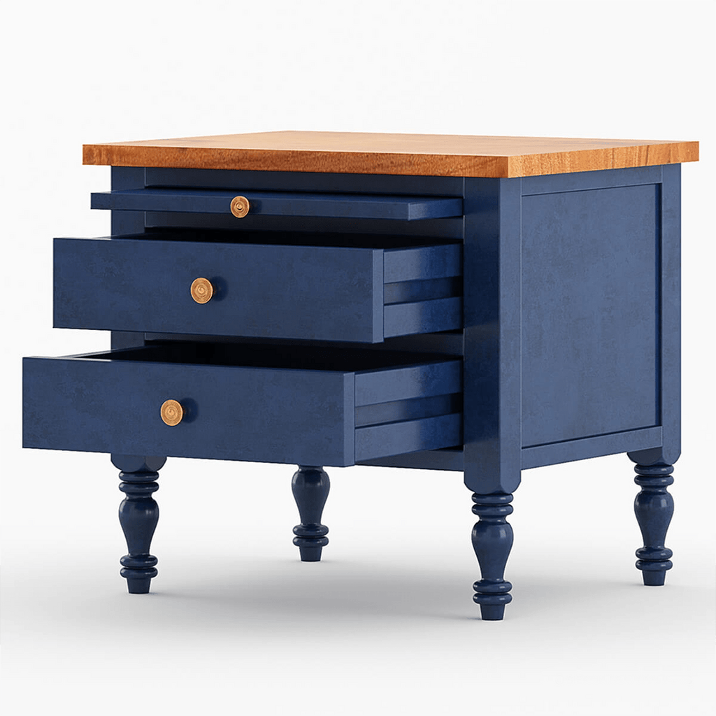Celeste Blue Mango Wood Bedside Table – 3 Drawer Nightstand with Turned Legs, Natural Wood Top & Classic Accent Design - DOBRI ARTS AU