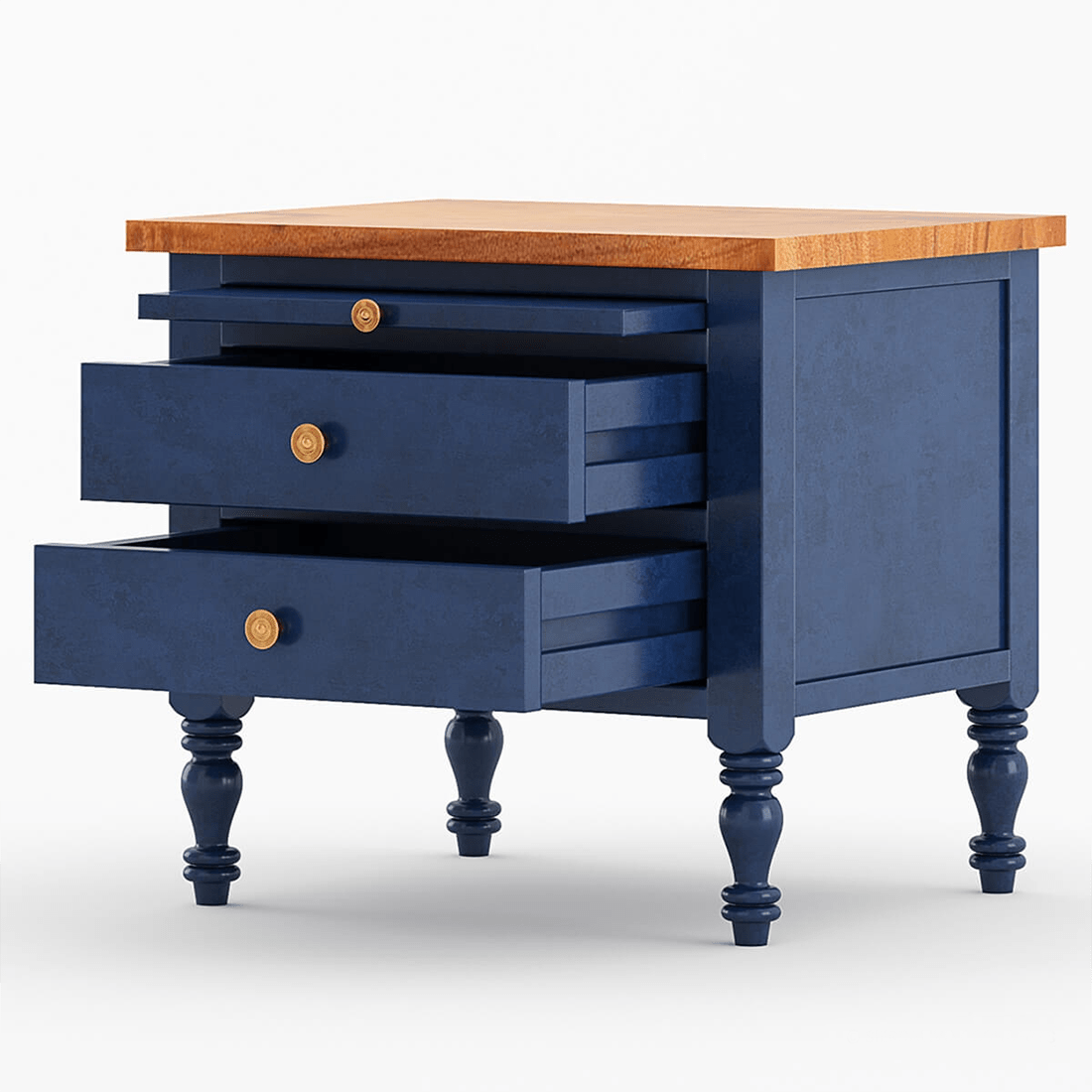 Celeste Blue Mango Wood Bedside Table – 3 Drawer Nightstand with Turned Legs, Natural Wood Top & Classic Accent Design - DOBRI ARTS AU