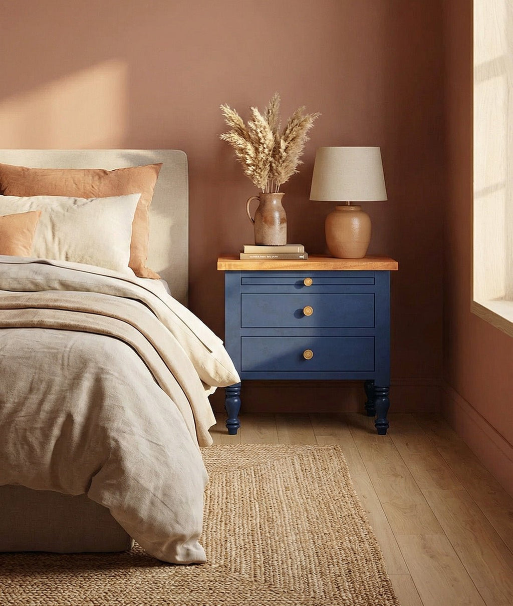 Celeste Blue Mango Wood Bedside Table – 3 Drawer Nightstand with Turned Legs, Natural Wood Top & Classic Accent Design - DOBRI ARTS AU