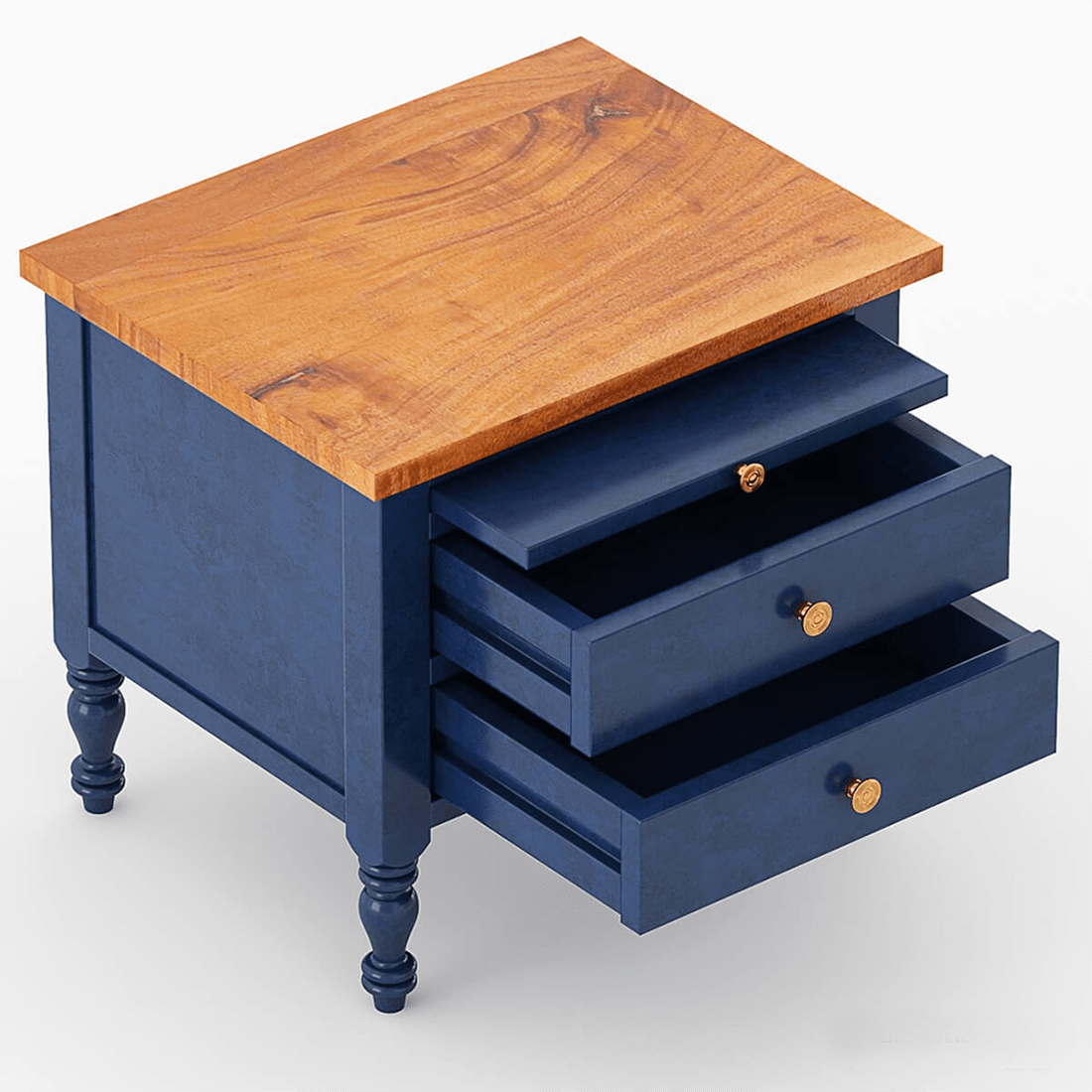 Celeste Blue Mango Wood Bedside Table – 3 Drawer Nightstand with Turned Legs, Natural Wood Top & Classic Accent Design - DOBRI ARTS AU
