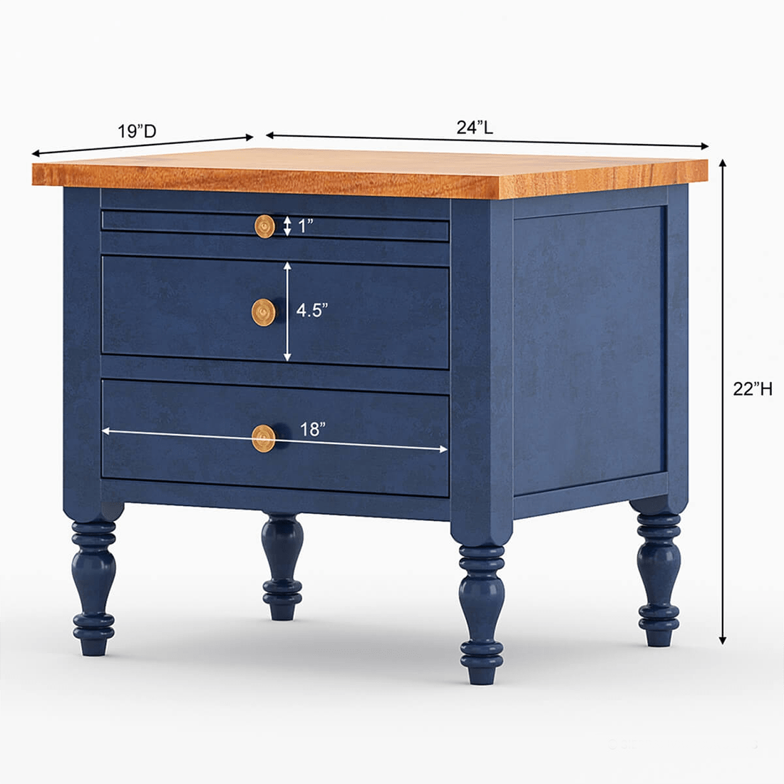 Celeste Blue Mango Wood Bedside Table – 3 Drawer Nightstand with Turned Legs, Natural Wood Top & Classic Accent Design - DOBRI ARTS AU