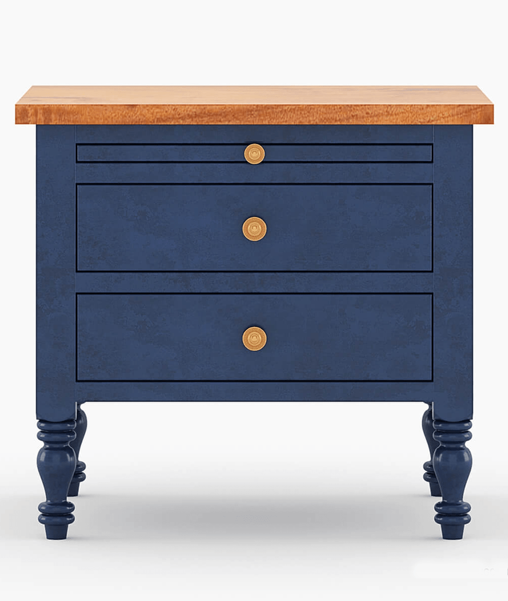 Celeste Blue Mango Wood Bedside Table – 3 Drawer Nightstand with Turned Legs, Natural Wood Top & Classic Accent Design - DOBRI ARTS AU
