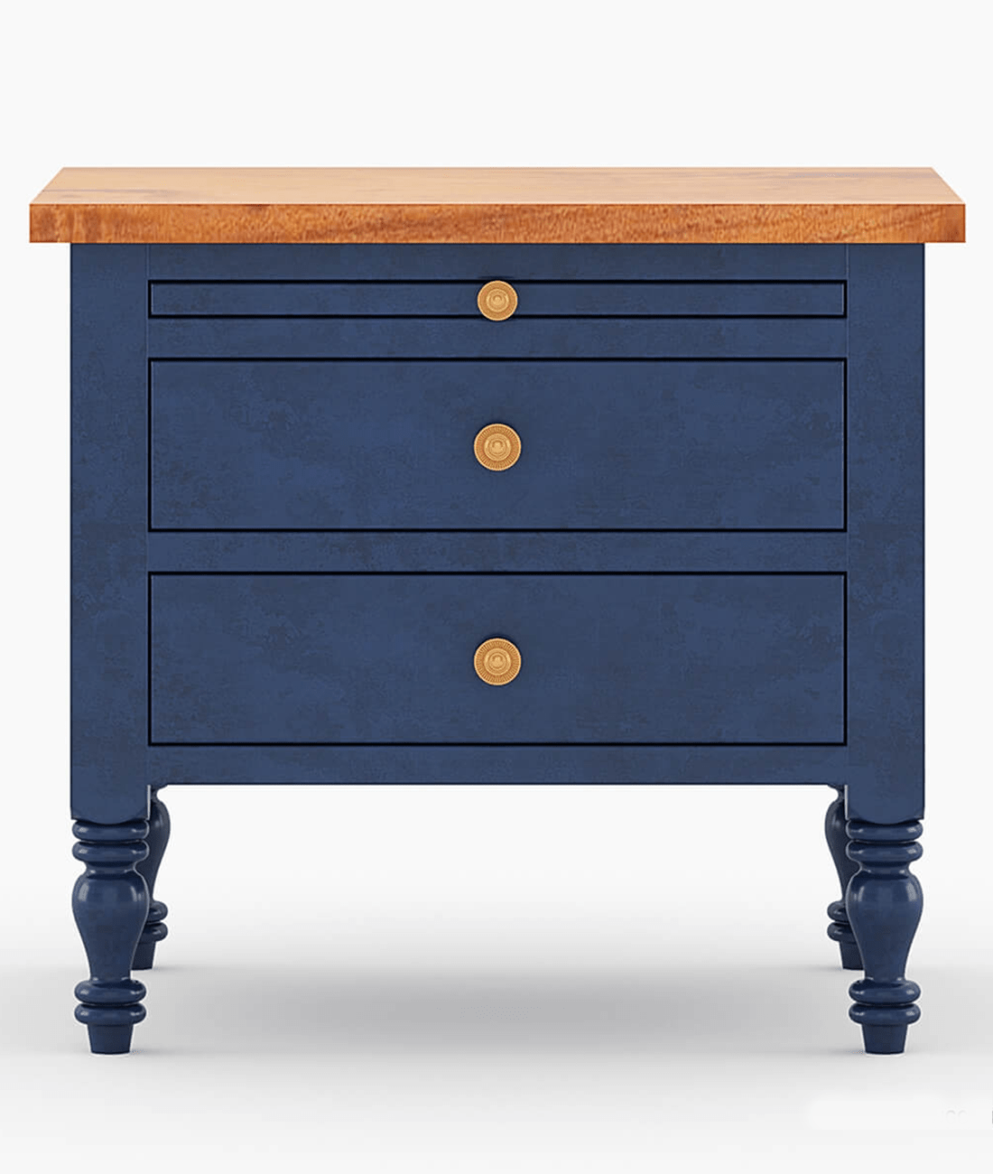 Celeste Blue Mango Wood Bedside Table – 3 Drawer Nightstand with Turned Legs, Natural Wood Top & Classic Accent Design - DOBRI ARTS AU
