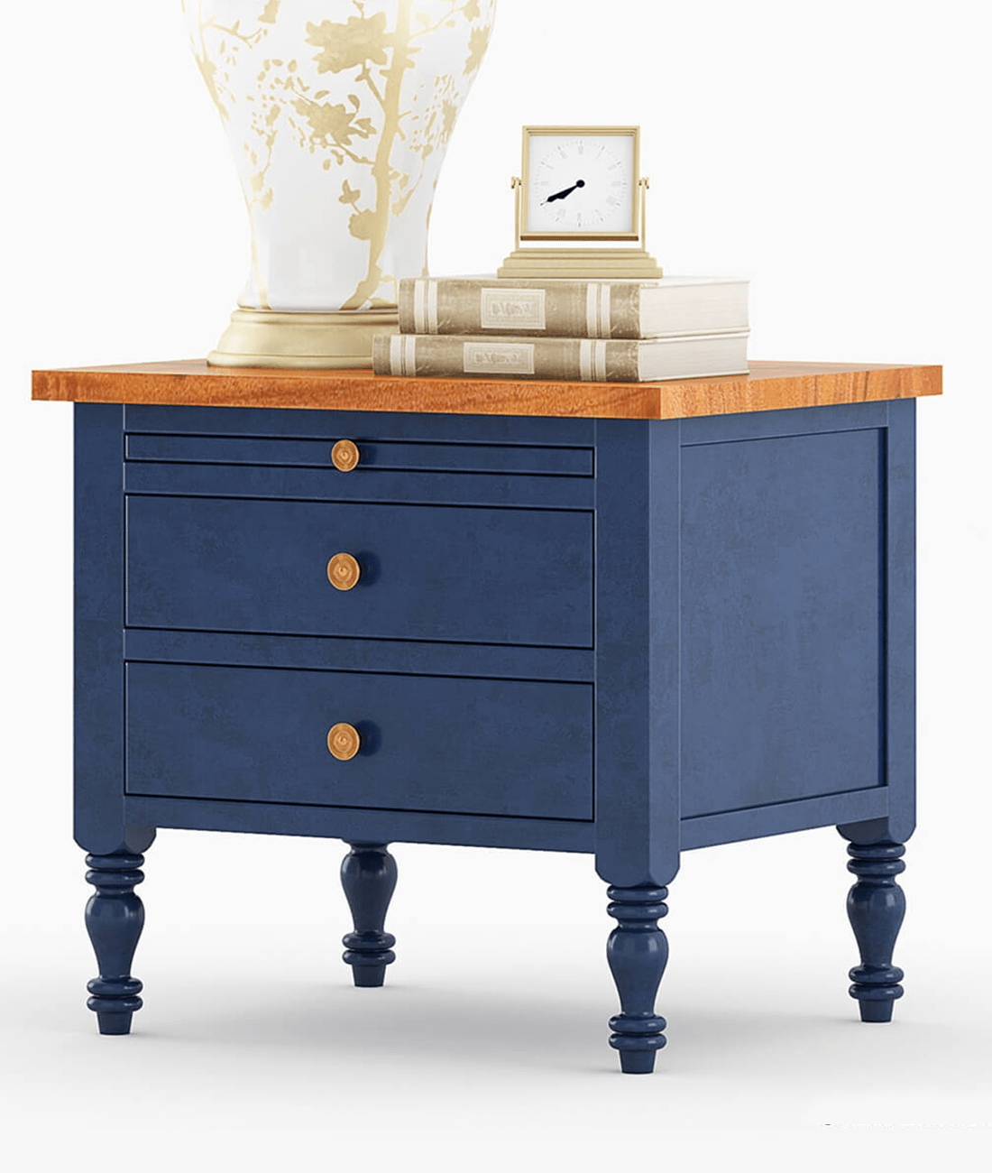 Celeste Blue Mango Wood Bedside Table – 3 Drawer Nightstand with Turned Legs, Natural Wood Top & Classic Accent Design - DOBRI ARTS AU