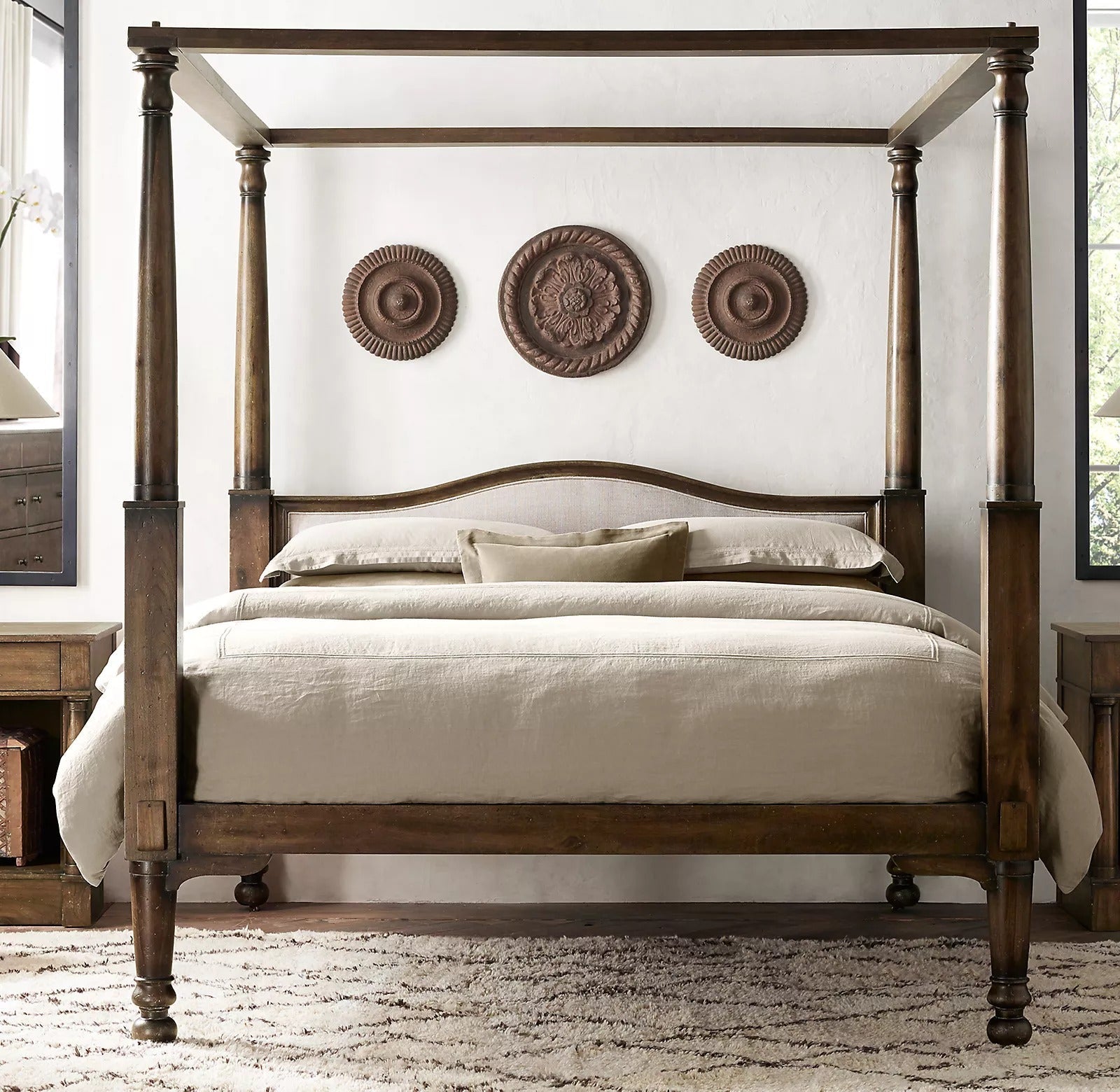 Century Sheesham Solid Wood Four Poster Bed – Luxury Canopy Bed Frame with Curved Upholstered Headboard | Queen, King & California King - DOBRI ARTS AU