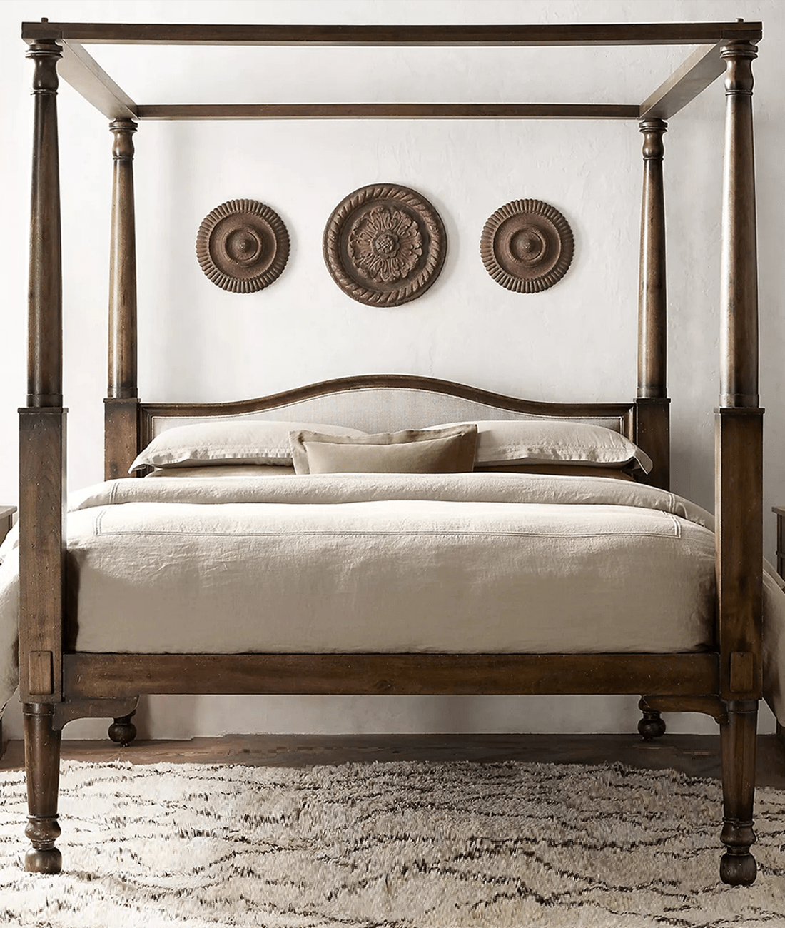 Century Sheesham Solid Wood Four Poster Bed – Luxury Canopy Bed Frame with Curved Upholstered Headboard | Queen, King & California King - DOBRI ARTS AU